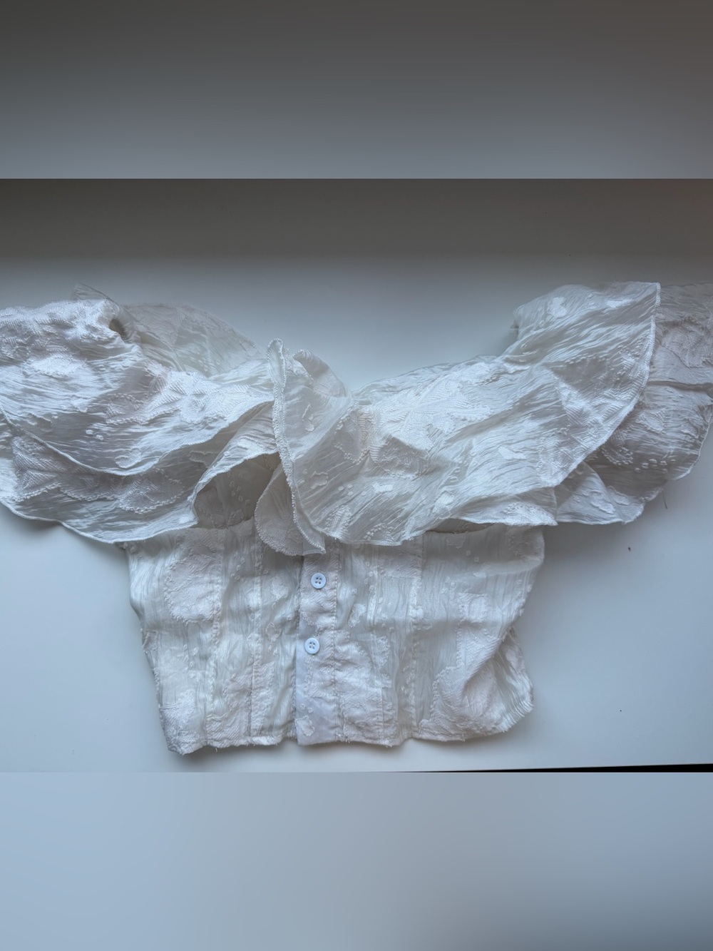 White Off-Shoulder Ruffle Eyelet Crop Top - Picture 5 of 7